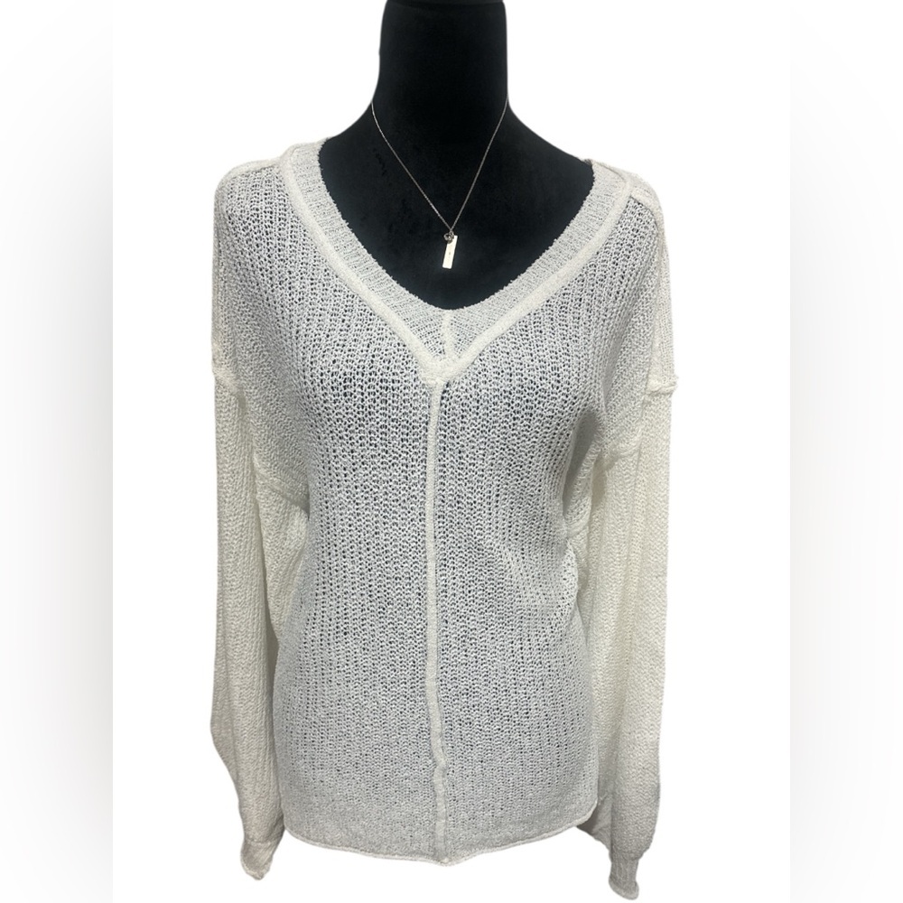 POL White Cable Knit V-Neck- Sweater‎ S Oversized Fit-NWOT